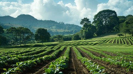 A scenic view of an agroforestry farm with alternating rows of trees and crops, demonstrating sustainable land use