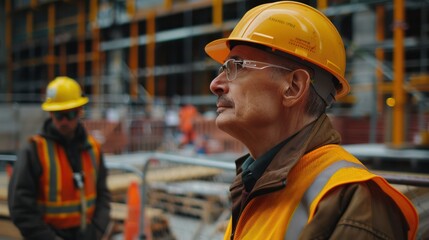 Architect looking away while standing by colleague at construction site