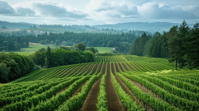 A scenic view of an agroforestry farm with alternating rows of trees and crops, demonstrating sustainable land use