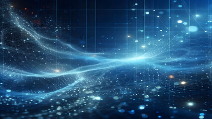 Blue abstract background with network grid and particles