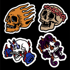 vector illustration artwork skeleton skull grim reaper set icon doodle contour sticker. Can be used as Logo, Brands, Mascots, tshirt, sticker,patch and Tattoo design.
