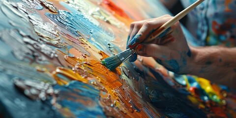 Obraz premium Vibrant Abstract Painting Creation Close-Up with Brush Strokes in Bold Colors