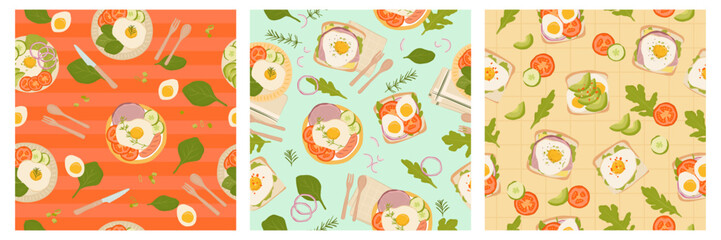 Set of Summer picnic food seamless pattern illustration, sandwich, vegetables, ham and egg