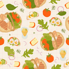 Summer picnic seamless pattern illustration, picnic basket, picnic food, cheese, tomato, bread and sandwich