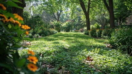 A lush urban park with native plants and wildlife, exemplifying the benefits of green spaces in cities