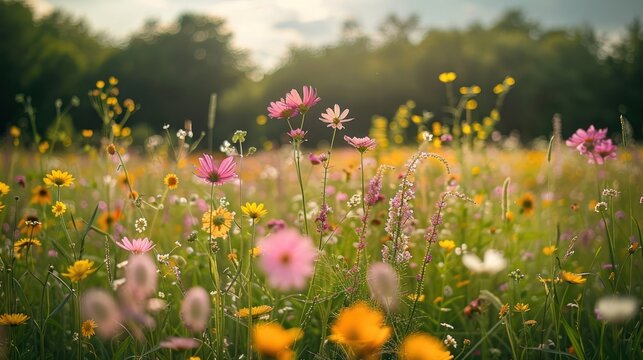 A lush, rewilded meadow with diverse plant species and thriving wildlife, showcasing nature's resilience