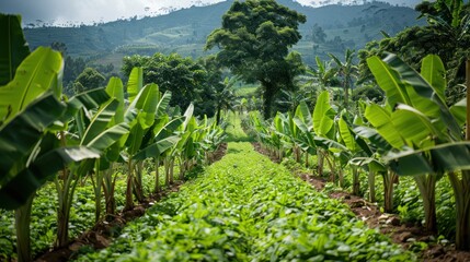 A lush agroforestry plot with banana trees and undergrowth crops, highlighting the benefits of integrated agriculture