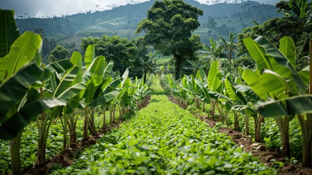 A lush agroforestry plot with banana trees and undergrowth crops, highlighting the benefits of integrated agriculture
