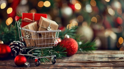 Holiday shopping cart with gifts, surrounded by festive decorations and lights, capturing the spirit of Christmas on a wooden table.