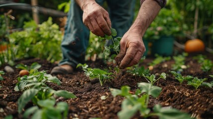 Fototapeta premium A farmer using mulch in a permaculture garden to conserve soil moisture and enhance plant health, illustrating organic farming techniques