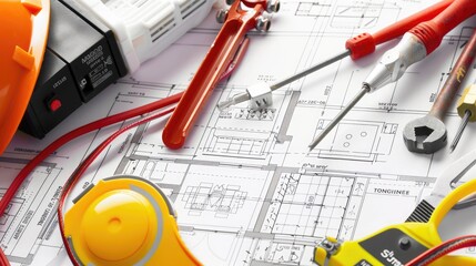 Construction Blueprint with Tools and Safety Gear