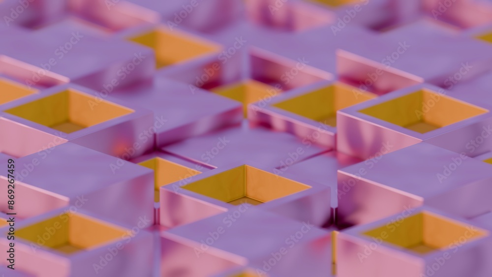 Poster Abstract Geometric Pattern with Purple and Yellow 3D Cubes..
