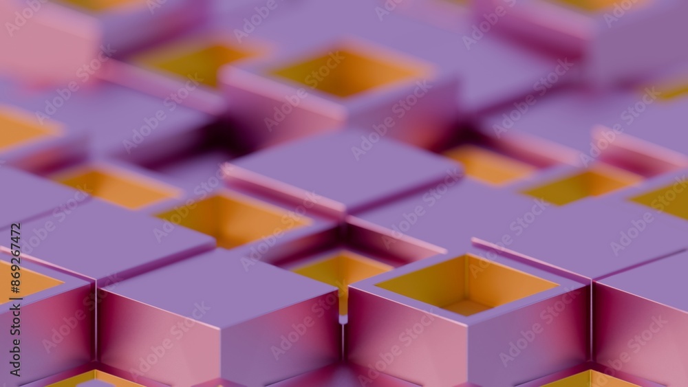 Poster Abstract Geometric Pattern with Purple and Yellow 3D Cubes..