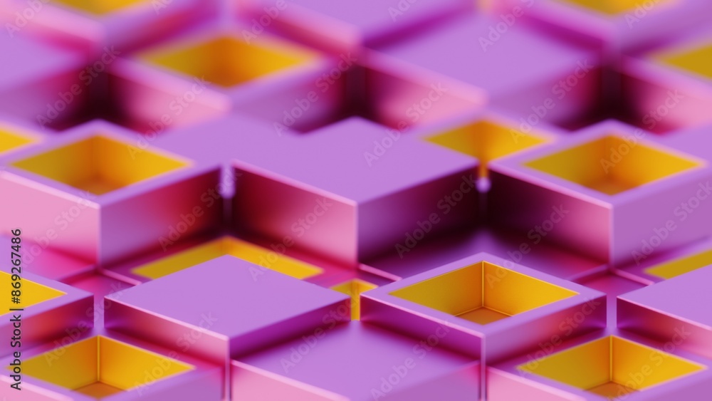 Poster Abstract Geometric Pattern with Purple and Yellow 3D Cubes..