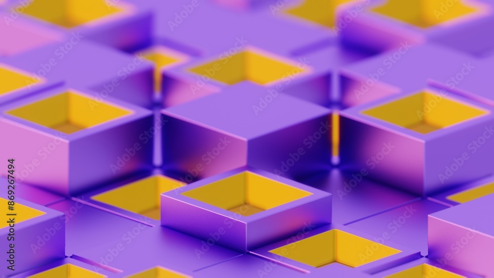 Poster Abstract Geometric Pattern with Purple and Yellow 3D Cubes..