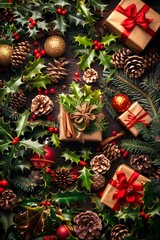 Christmas gift boxes wrapped with paper craft. Holly leaves, pine cones and balls decoration