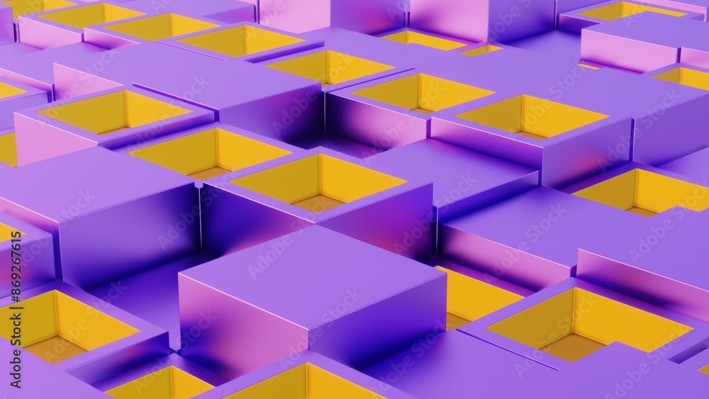 Poster Abstract Geometric Pattern with Purple and Yellow 3D Cubes..
