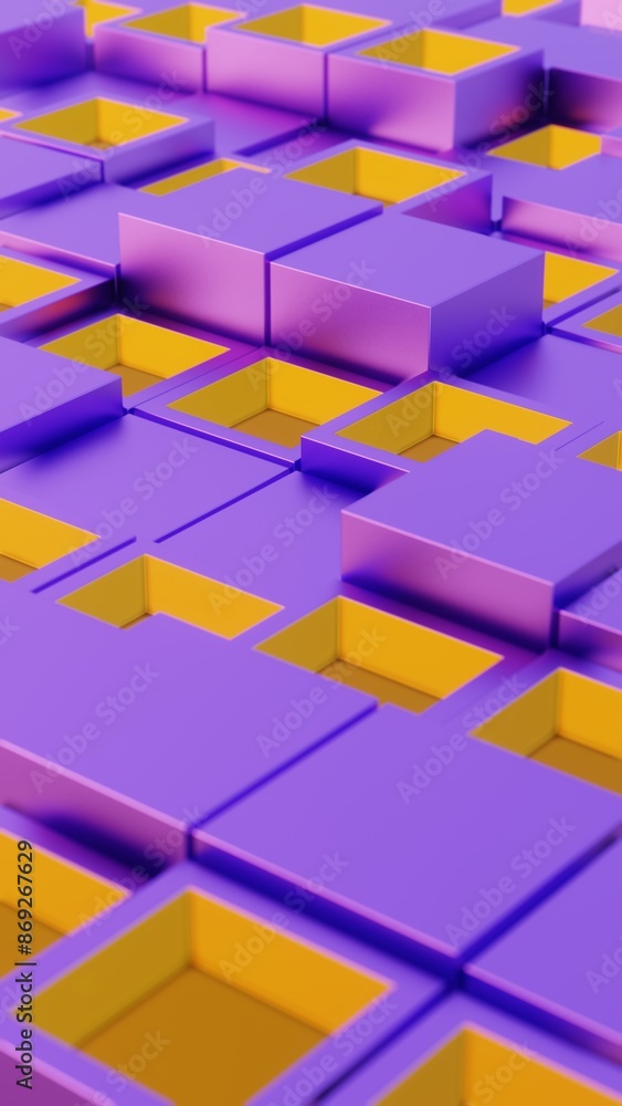 Poster Abstract Geometric Pattern with Purple and Yellow 3D Cubes..
