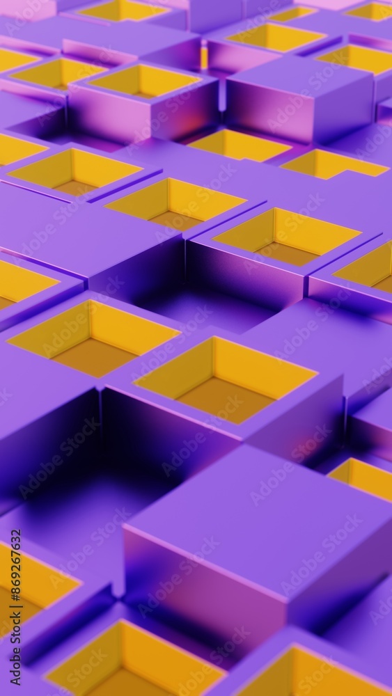 Poster Abstract Geometric Pattern with Purple and Yellow 3D Cubes..