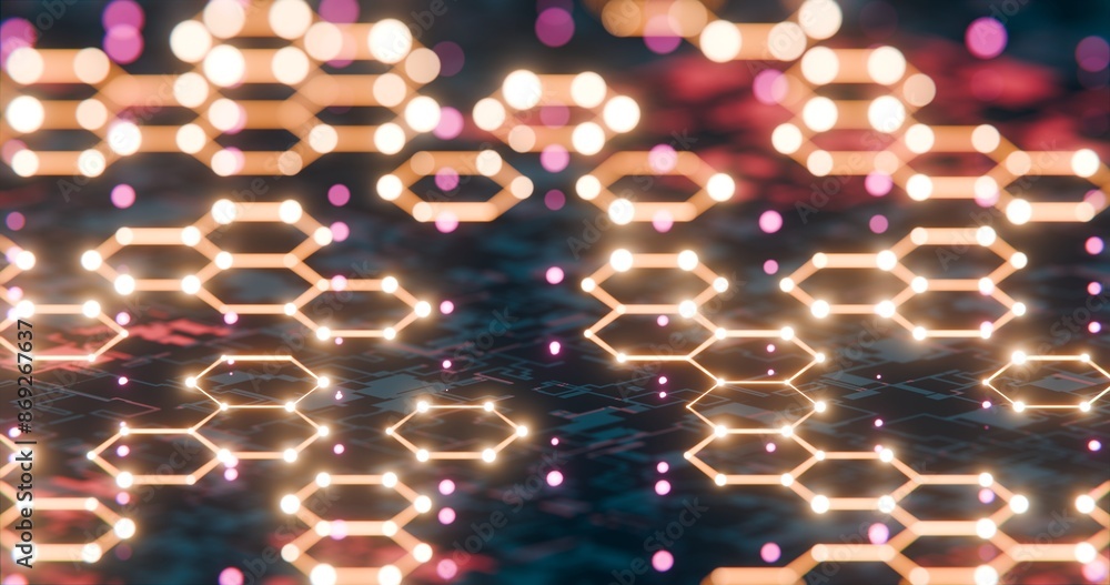 Poster futuristic hexagonal network with glowing nodes and digital background..