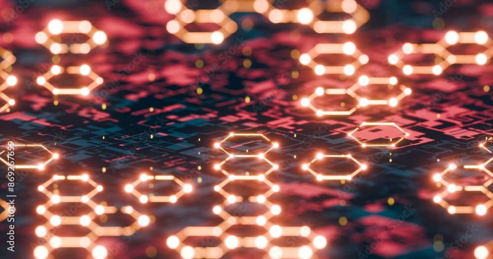 Poster futuristic hexagonal network with glowing nodes and digital background..