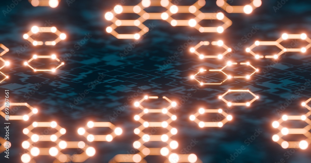 Poster futuristic hexagonal network with glowing nodes and digital background..