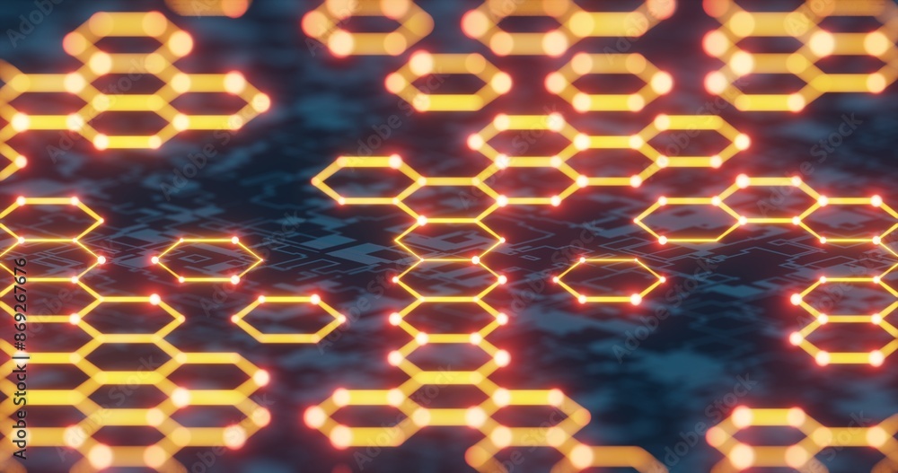 Poster futuristic hexagonal network with glowing nodes and digital background..