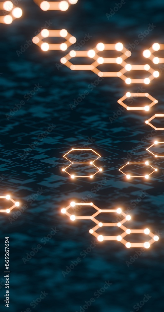 Poster futuristic hexagonal network with glowing nodes and digital background..