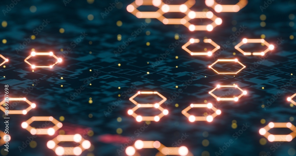 Poster futuristic hexagonal network with glowing nodes and digital background..