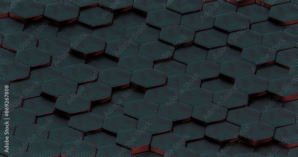 Poster Abstract Illuminated Hexagonal Pattern with Bokeh Effects in Dark Background..