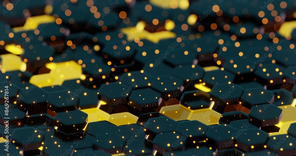 Poster Abstract Illuminated Hexagonal Pattern with Bokeh Effects in Dark Background..