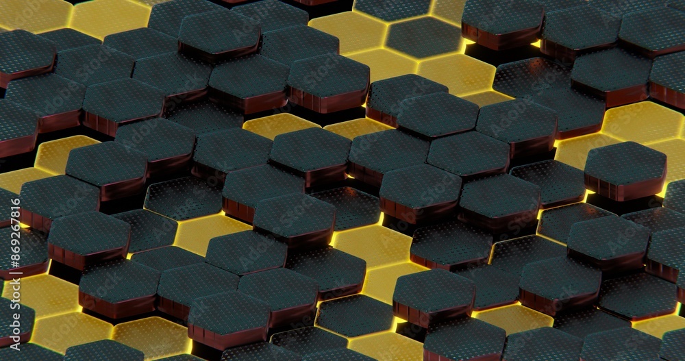 Poster Abstract Illuminated Hexagonal Pattern with Bokeh Effects in Dark Background..