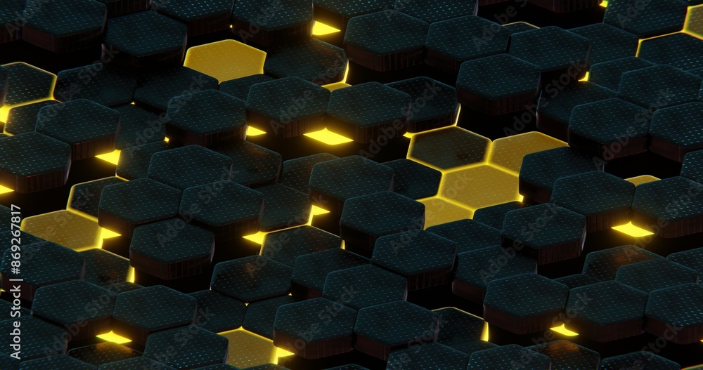 Poster Abstract Illuminated Hexagonal Pattern with Bokeh Effects in Dark Background..