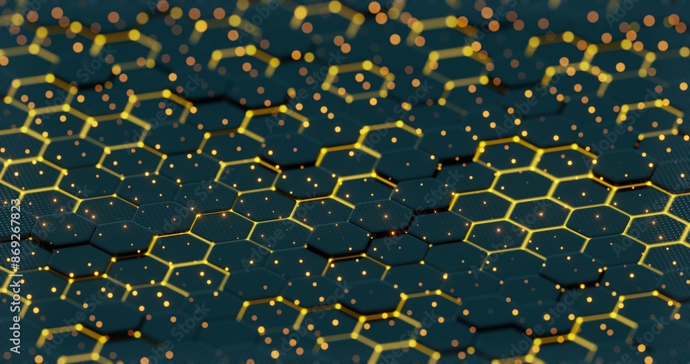 Poster Abstract Illuminated Hexagonal Pattern with Bokeh Effects in Dark Background..