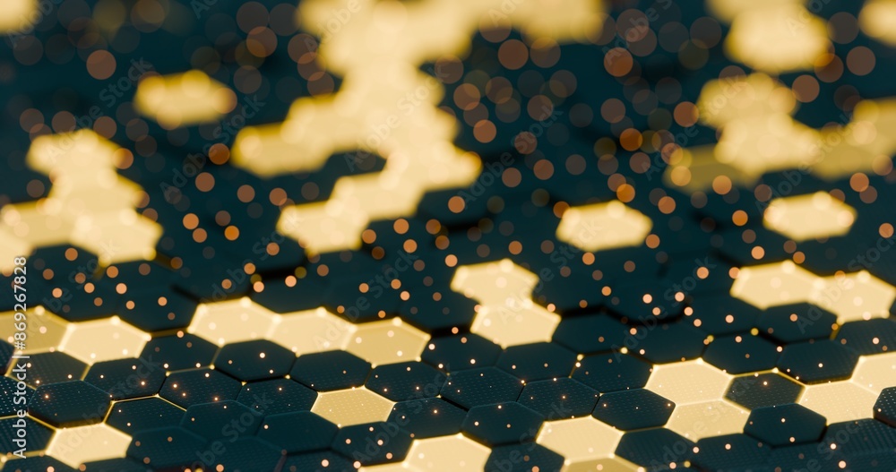 Poster Abstract Illuminated Hexagonal Pattern with Bokeh Effects in Dark Background..