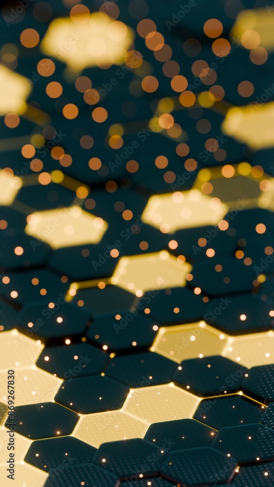 Poster Abstract Illuminated Hexagonal Pattern with Bokeh Effects in Dark Background..