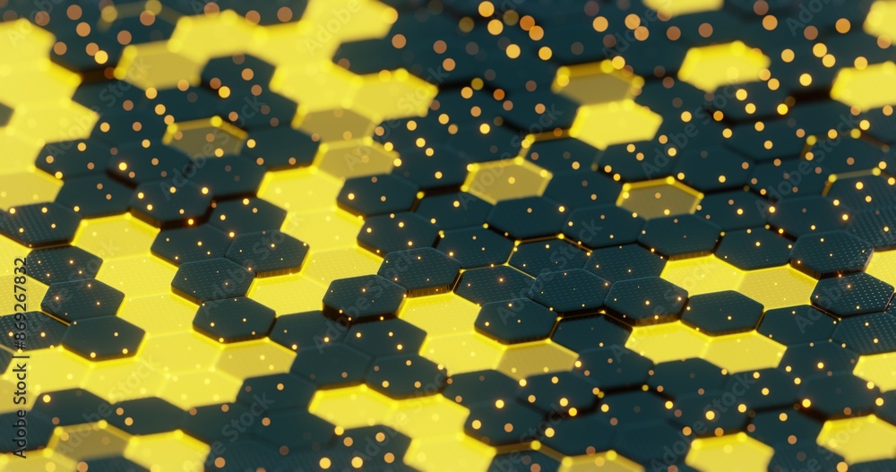 Poster Abstract Illuminated Hexagonal Pattern with Bokeh Effects in Dark Background..
