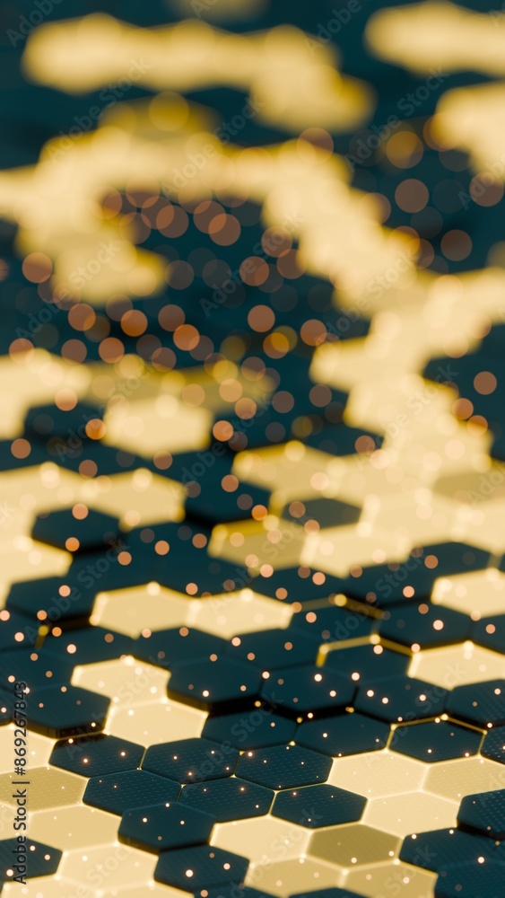 Poster Abstract Illuminated Hexagonal Pattern with Bokeh Effects in Dark Background..