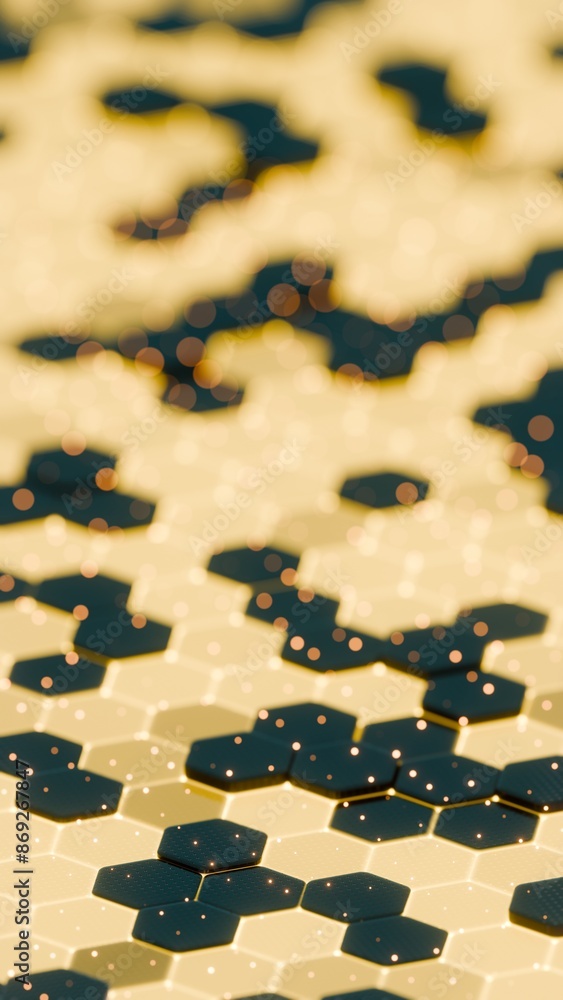 Poster Abstract Illuminated Hexagonal Pattern with Bokeh Effects in Dark Background..