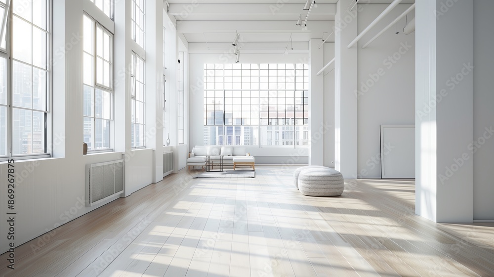 Poster a stunning graph of a minimalist interior in a spacious loft, filled with light from floor to