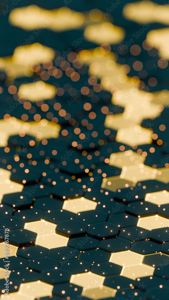 Poster Abstract Illuminated Hexagonal Pattern with Bokeh Effects in Dark Background..