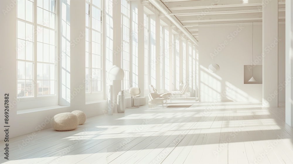 Poster a stunning graph of a minimalist interior in a spacious loft, filled with light from floor to