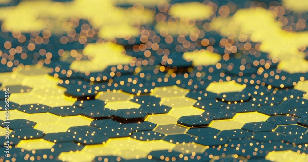 Poster Abstract Illuminated Hexagonal Pattern with Bokeh Effects in Dark Background..