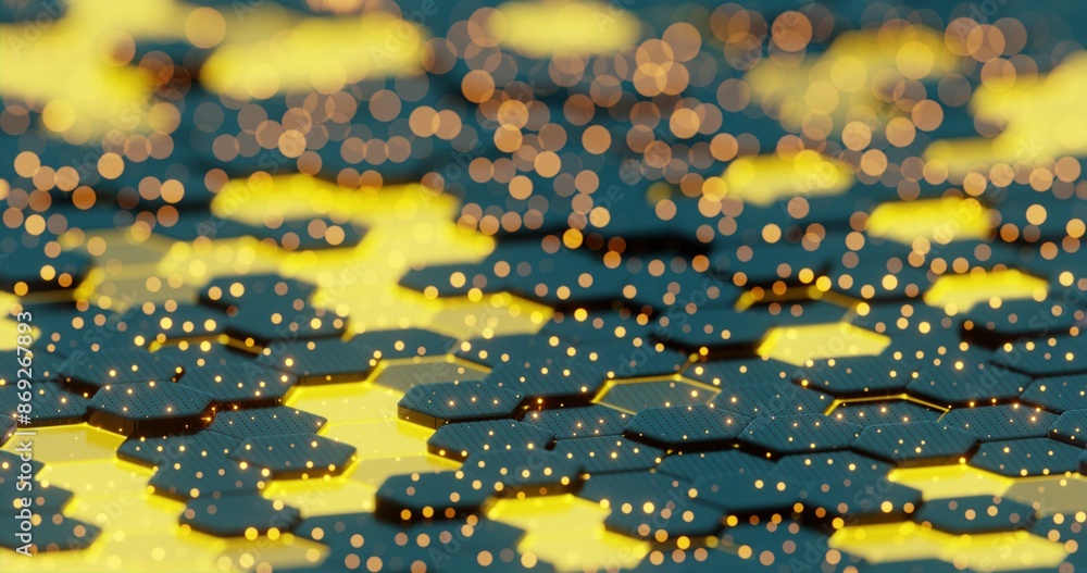 Poster Abstract Illuminated Hexagonal Pattern with Bokeh Effects in Dark Background..