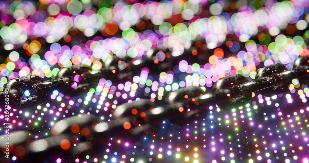 Poster futuristic blockchain concept with glowing blue bokeh and chain links