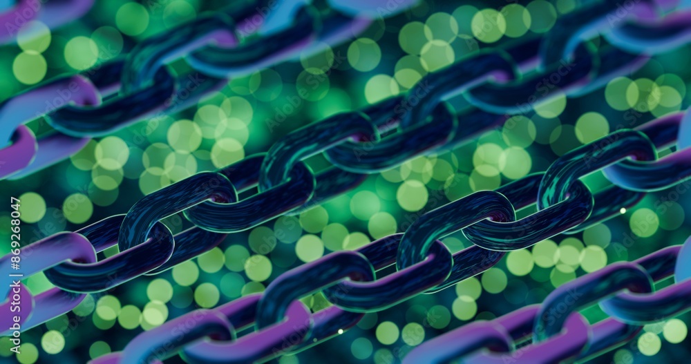 Poster futuristic blockchain concept with glowing blue bokeh and chain links