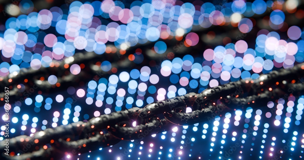 Poster futuristic blockchain concept with glowing blue bokeh and chain links