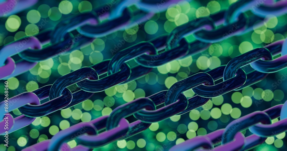 Poster futuristic blockchain concept with glowing blue bokeh and chain links