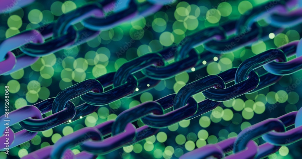 Poster futuristic blockchain concept with glowing blue bokeh and chain links