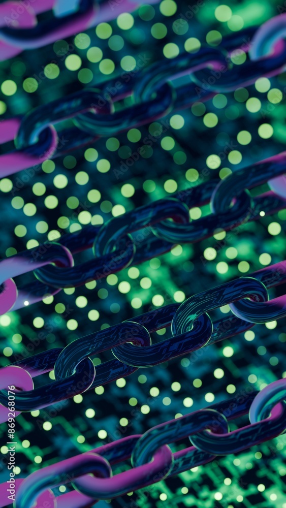 Poster futuristic blockchain concept with glowing blue bokeh and chain links